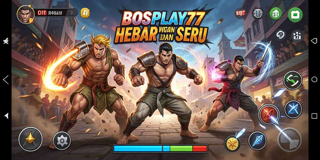 Tampilan aksi mendebarkan dari BOSPLAY77 saat karakter bertarung di arena.